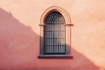 Ornate window on a peach-colored wall