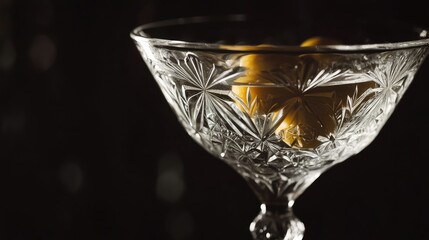 A classic martini in a sleek, inverted conical glass, featuring three green olives on a cocktail pick.