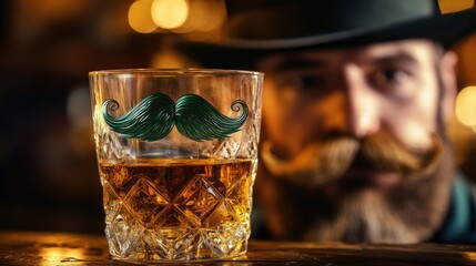 A clear glass with a rounded shape contains amber-colored liquid, adorned with a bright green felt mustache placed across the upper rim.