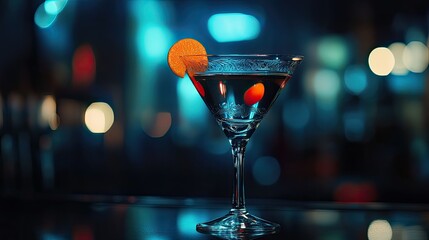 A close-up of a martini glass filled with a dark cocktail, garnished with a curled orange peel.