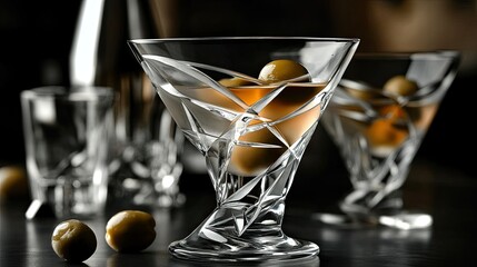 A close-up of a martini glass filled with clear liquid, featuring three green olives garnished with a toothpick.