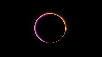 A dramatic solar eclipse is depicted, with a solid black silhouette of the moon perfectly aligned in front of the sun.