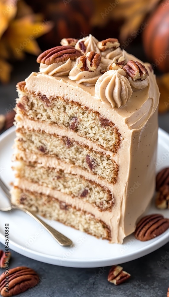 Poster autumn maple pecan layer cake slice with toasted pecans and maple frosting on white plate