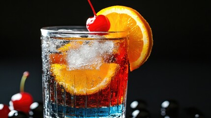 A glass filled with a vibrant red beverage, featuring ice cubes and garnished with an orange slice and a maraschino cherry.