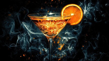 A dark, elegant martini glass filled with a rich, dark beverage, highlighted by a twist of orange peel perched on the rim.