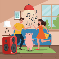 People and Pig Dancing Together at Home with Music Notes