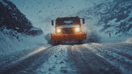 A snowplow clears a snowy road, prominently featuring a large yellow blade at the front.