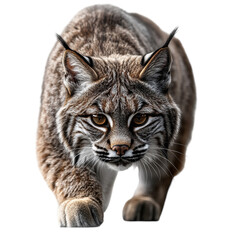 A focused bobcat with piercing eyes stalking its prey in the dark dramatic on transparent background