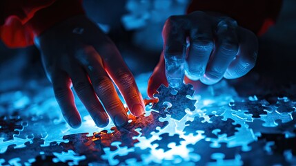 A close-up of a hand placing a puzzle piece into a partially completed puzzle, illuminated by a soft blue light.