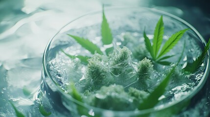 A clear glass bowl filled with large, densely packed cannabis buds featuring a mix of green and orange hues, sitting against a white background.
