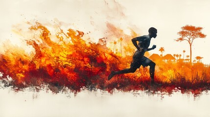 Naklejka premium A runner escapes a burning landscape