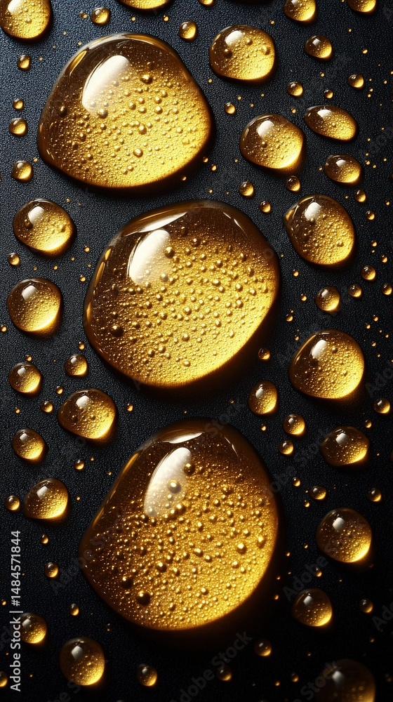 Poster Golden Droplets: A mesmerizing composition showcasing glistening golden droplets of liquid, creating a captivating visual display with a sophisticated, dark background.