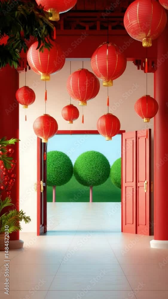Poster vertical video of red lanterns hang festive background with open red door, green plants, and vibrant