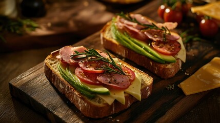 Two slices of toasted bread topped with slices of avocado and halved cherry tomatoes, garnished with small green shoots, presented on a wooden platter.