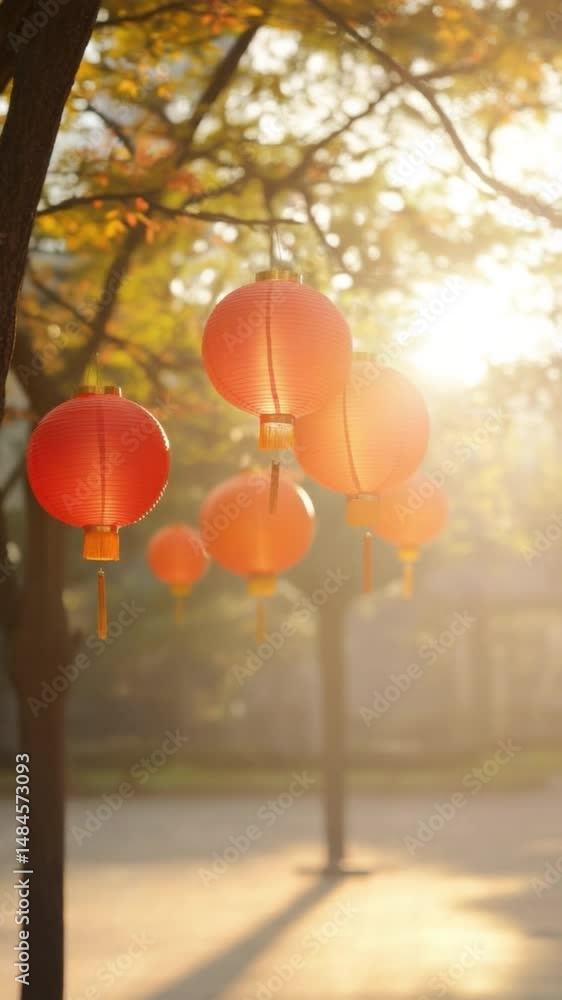Aufkleber vertical video of red lanterns hanging from tree create festive background with warm sunlight and so