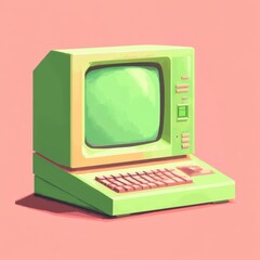 Retro Lime Green CRT Monitor and Keyboard on Dusty Rose Background
