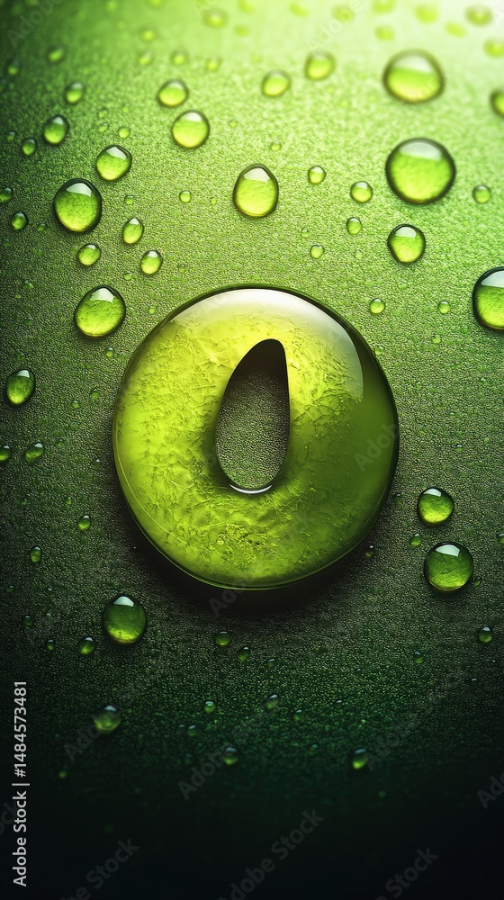 Poster green drops in focus: artistic macro shot of shimmering water droplets, each reflecting the lush gre