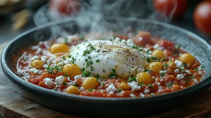 A steaming plate of shakshuka, eggs poached in a spicy tomato sauce, offers a flavorful Middle Eastern breakfast