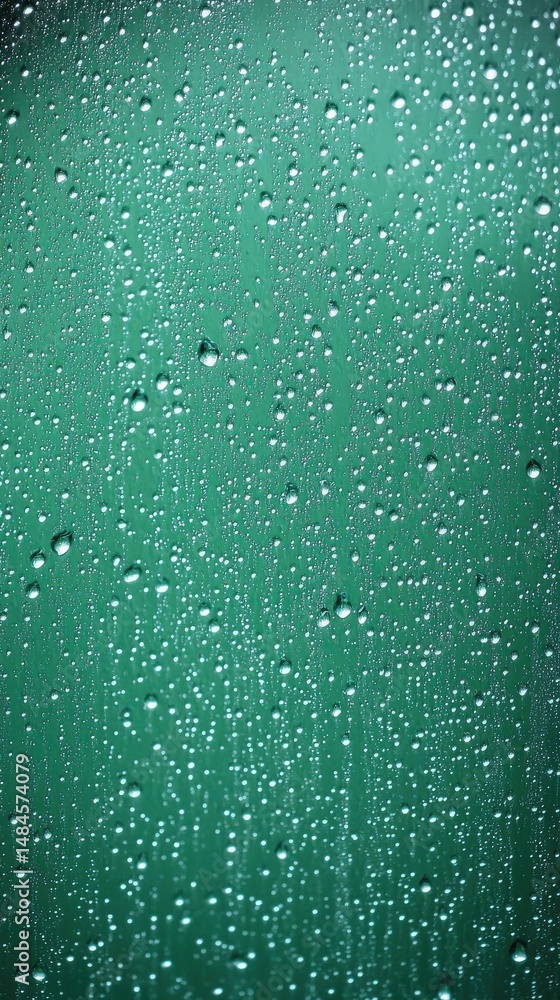 Poster Rainy Day Window: Water droplets cling to a windowpane, creating a mesmerizing pattern against a teal backdrop, evoking a sense of calm and reflection.