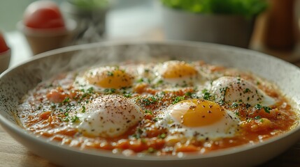 A steaming plate of shakshuka, eggs poached in a spicy tomato sauce, offers a flavorful Middle Eastern breakfast