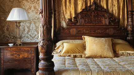 Opulent Baroque interiors with gilded four-poster beds, floral drapes, ornate furniture, and classical detailing, capturing a romantic old-world charm fit for an English noble manor