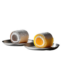 delicious two-tone cake rolls on modern metallic table


