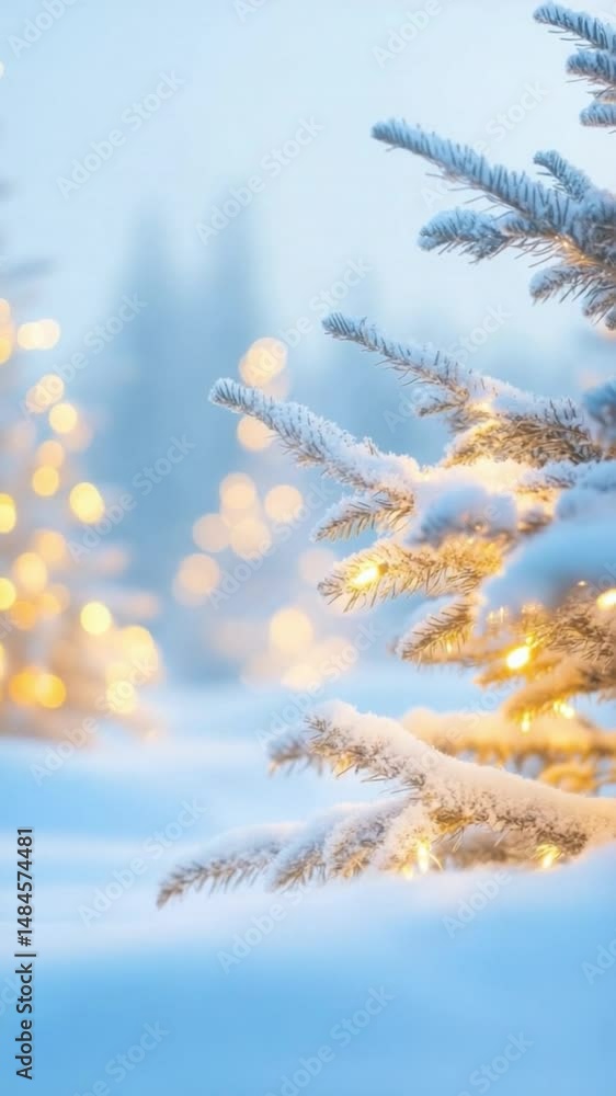 Poster vertical video of snow covered pine tree branch with glowing lights creates magical winter backgroun