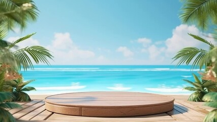 Tropical wooden platform with round podium overlooking turquoise ocean, palm leaves framing beach view, summer paradise display for product placement - Powered by Adobe