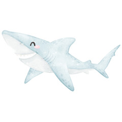 Cute watercolor shark funny playful predator under the sea