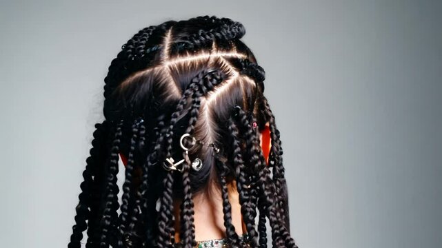 a model with long black hair styled in intricate braids adorned with small beads and metallic rings under studio lighting concept of intricate hair artistry