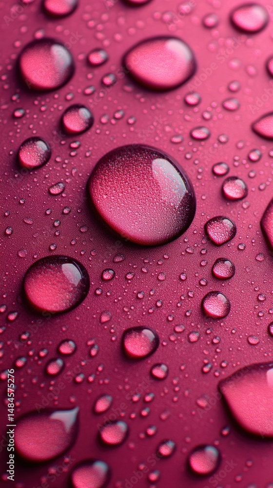 Poster raindrops of ruby: delicate, transparent water droplets cling to the smooth surface, refracting ligh