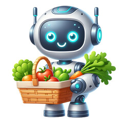 Cute Cartoon Robot Harvesting Vegetables on White Background