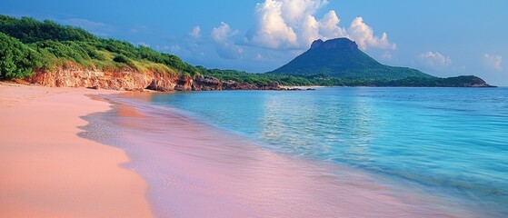Pink sand beach meets turquoise sea, backed by lush greenery and a majestic mountain under a vibrant blue sky