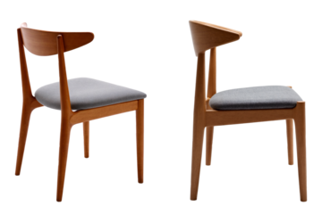 Pair of elegant modern wooden dining chairs with light oak frames and comfortable grey upholstered seats, stylish Scandinavian design furniture isolated against a transparent background