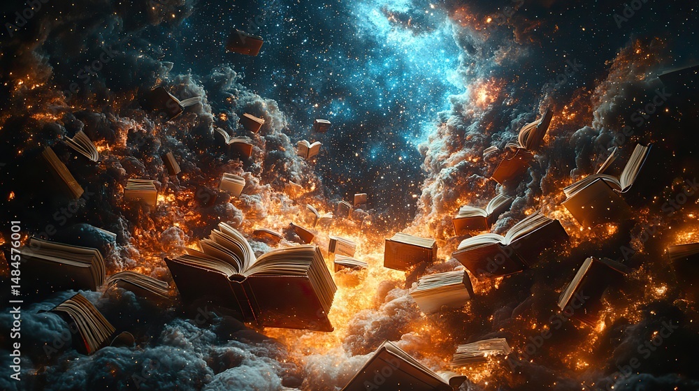 Wall mural a surreal image of books flying through the air, forming swirling patterns against a backdrop of a s