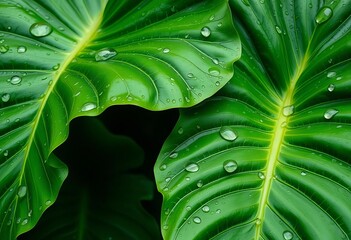 Fototapeta premium Large green elephant ear leaves glistening with raindrops, lush, water droplets