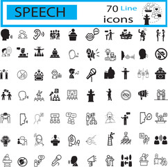 A customizable outline icon set focused on speaking and communication. Includes icons representing dialogue, people, community interaction, conversations, training sessions, meetings, and voice-relate