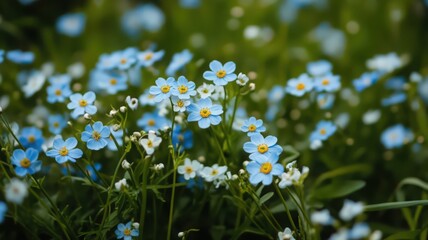 Field of Blooming Blue Forget-Me-Not Flowers in a Lush Green Garden During Spring