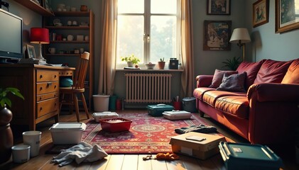 A messy bachelor pad apartment, clothes strewn on the floor, takeout containers on the table ,  residence, apartment