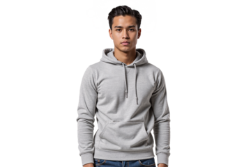 Young man, perhaps of mixed race or Hispanic descent, with styled dark hair, wearing a comfortable grey hoodie, looking directly at the camera with a neutral expression, isolated portrait