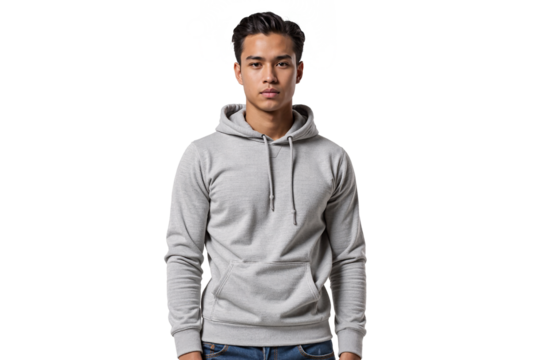 Young man, perhaps of mixed race or Hispanic descent, with styled dark hair, wearing a comfortable grey hoodie, looking directly at the camera with a neutral expression, isolated portrait