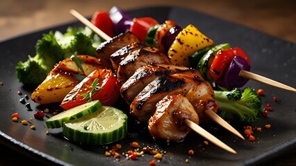 Delicious grilled chicken breast and lamb chops with vegetables make a gourmet barbecue meal