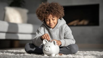 Young Child Putting Coin in Piggy Bank: Early Savings Concept