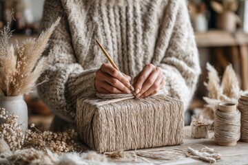 Gender-Neutral Gift Wrapping Workshop with Hands Tying Ribbons, Natural Textures in Cozy Environment, AI Generated