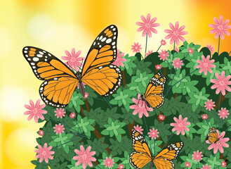 Monarch Butterflies on Vibrant Floral Bush