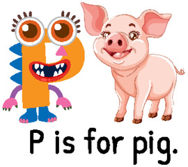 Playful Alphabet Illustration with Pig Character