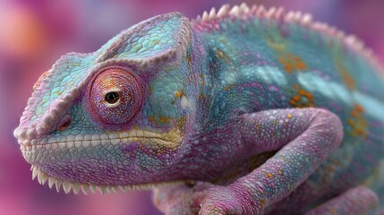 Obraz premium Vivid Chameleon Colorful Reptile Blending Seamlessly with a Vibrant, Textured Backdrop.
