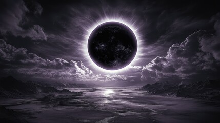 A striking image of a solar eclipse, showcasing a dark circular silhouette of the moon partially covering the bright disk of the sun.