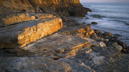 A panoramic view of a rocky coastal landscape during sunset.