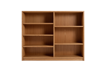 Wooden bookshelf unit with multiple asymmetrical compartments for versatile storage and display, light to medium brown finish, modern home or office furniture, isolated object